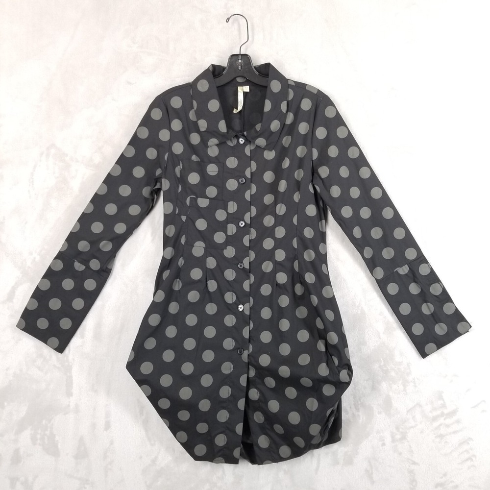 Comfy USA Blouse Women XS Black Dot Asymmetrical Architectural Cuff Sleeve Tunic